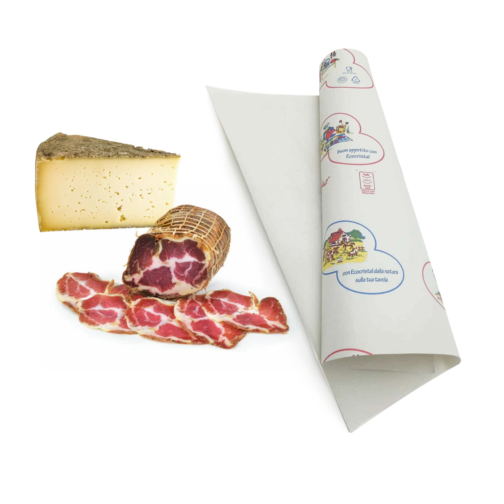 Carta alimentare per formaggio e salumi accanto salumi tagliati e fetta di formaggio
