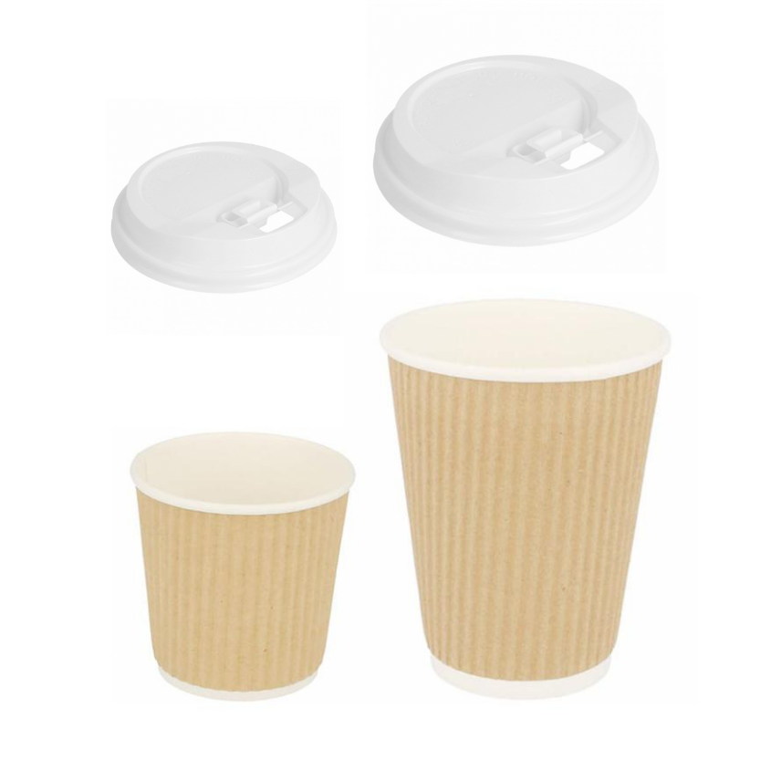 Bicchieri di carta avana ondulati per asporto, due diverse misure, coi loro coperchi di plastica, bianchi, tondi e con beccuccio