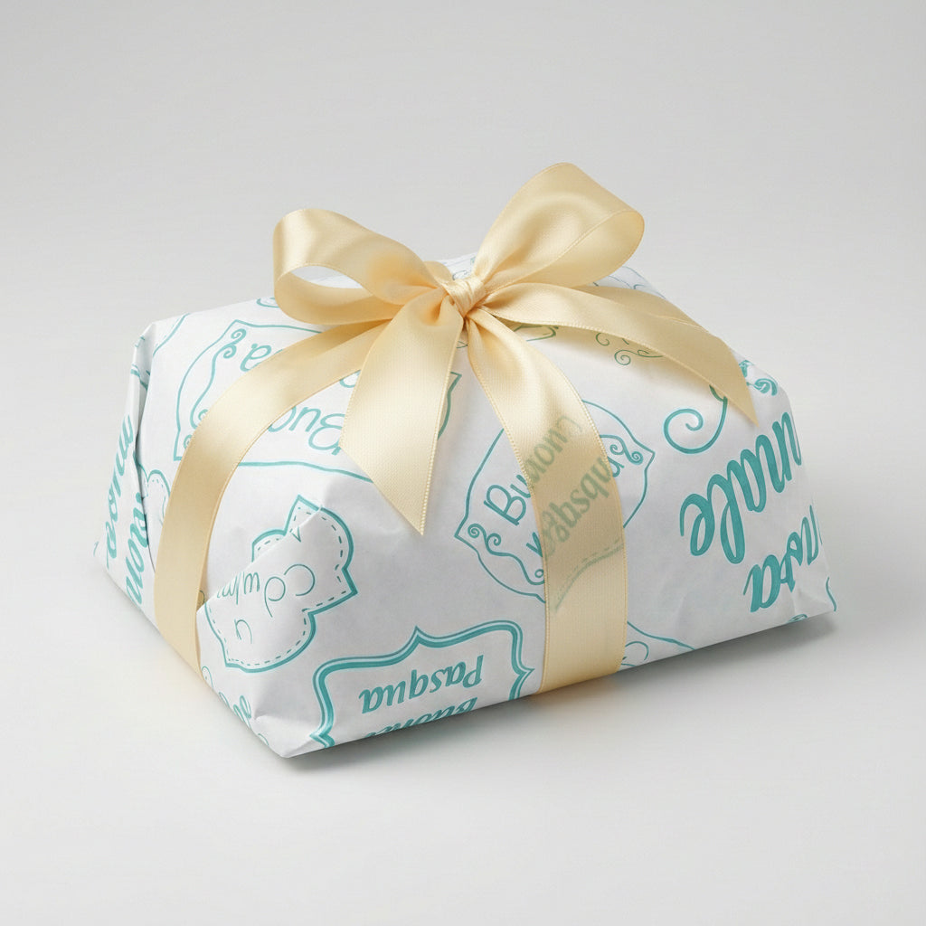 Carta colomba bianca con scritte color tiffany di buona Pasqua attorno ad una colomba e nastro giallo 