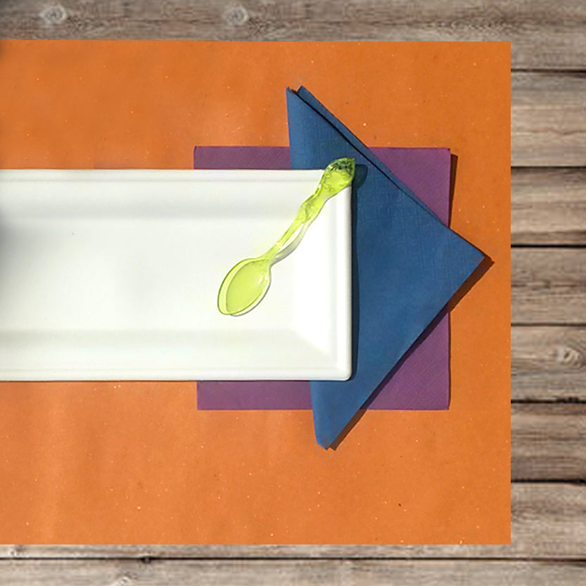 Apparecchiatura con tovaglietta americana in carta paglia arancione, tovaglioli di carta viola e blu e piatto rettangolare monouso 