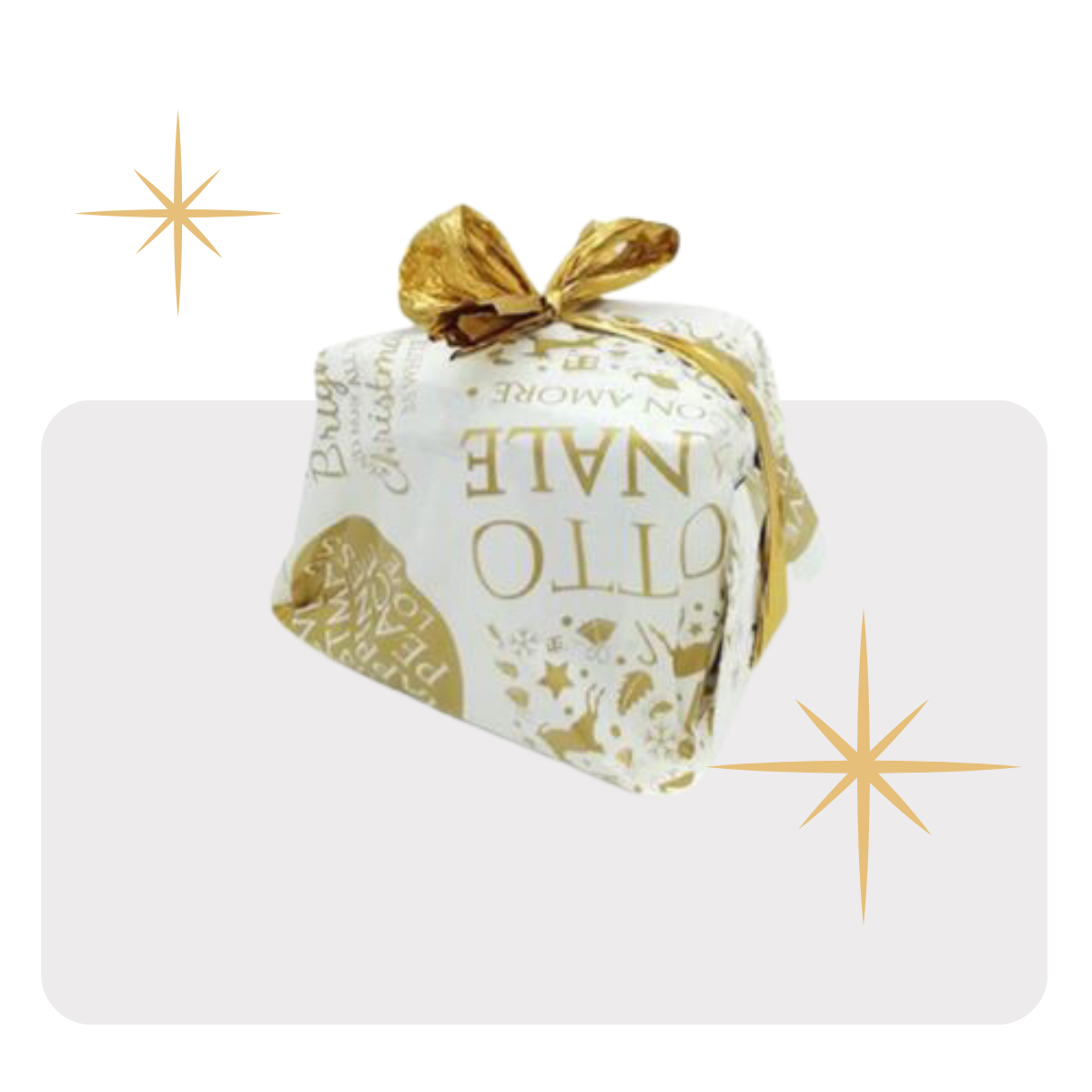 Carta pasticceria bianca con scritte dorate attorno ad un panettone 