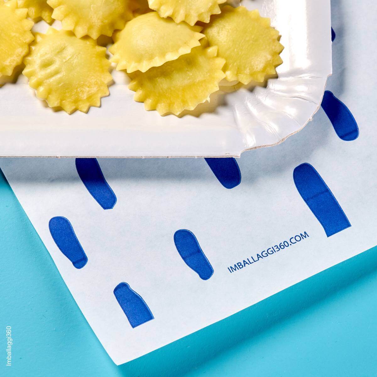 Carta per alimenti bianca con stampa texture blu perfetta per avvolgere e confezionare alimenti in pasticceria