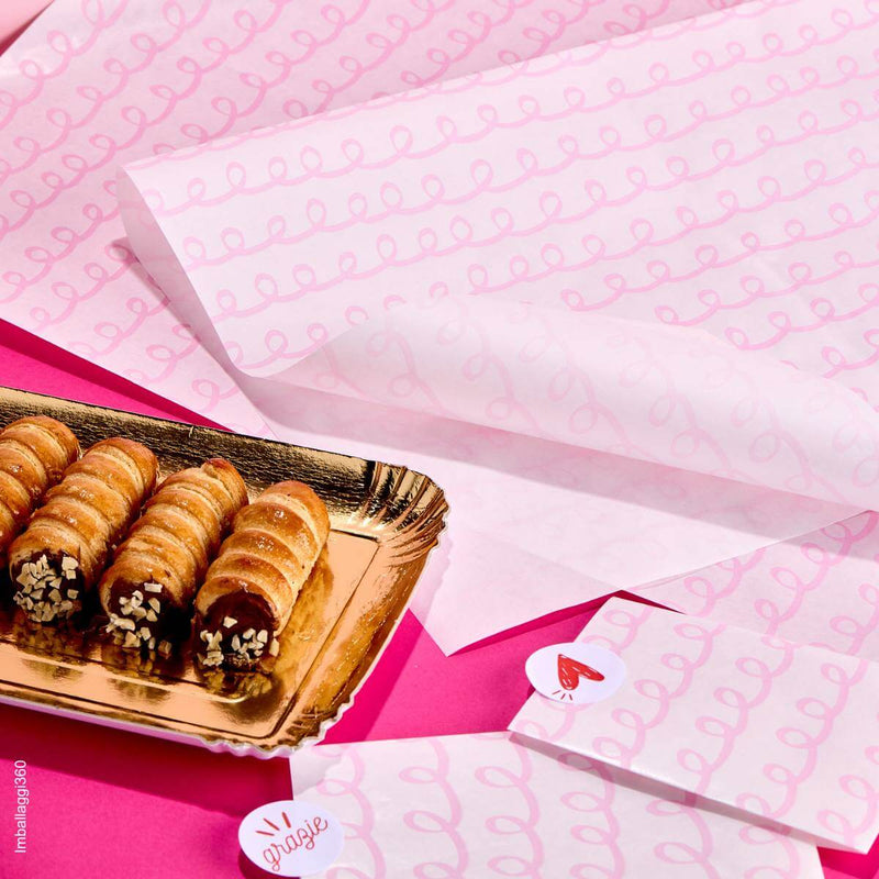 Carta per alimenti bianca con stampa riccioli rosa è perfetta per completare confezioni in pasticceria