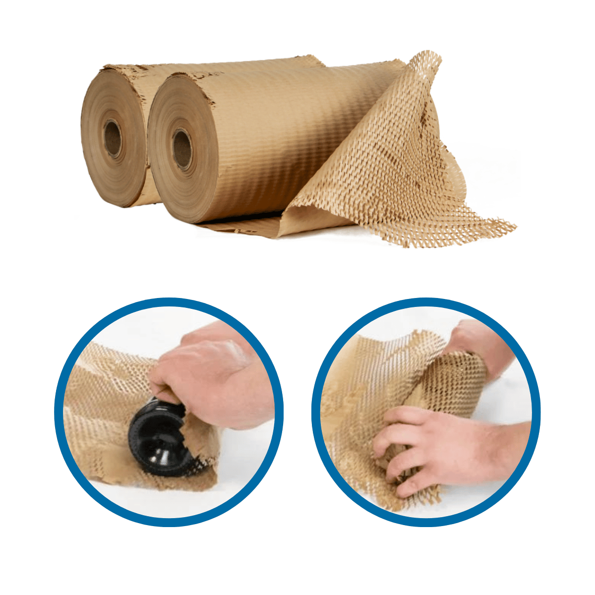 Due rotoli di carta per imballaggi color avana e sotto, in due cerchi blu, suo utilizzo con una bottiglia di vino