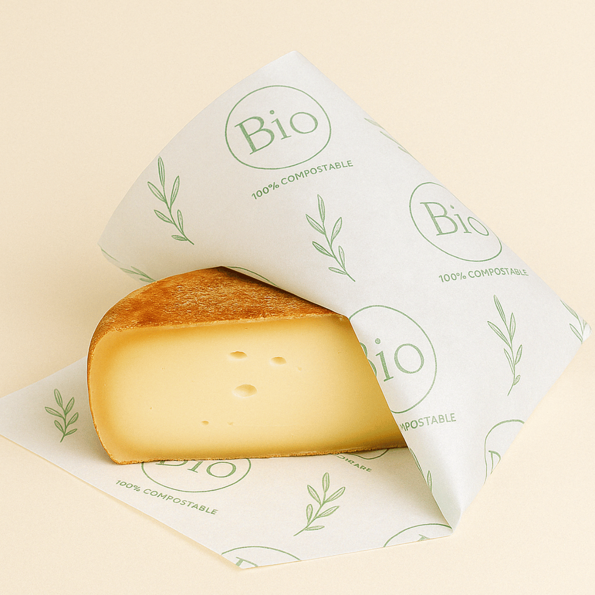 Carta per alimenti politenata bio che avvolge un pezzo di formaggio
