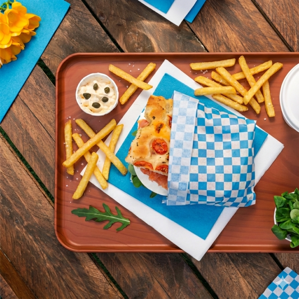 Carta antigrasso scacco bianco e blu attorno a pizza farcita su vassoio con patatine e ciotola con salsa 