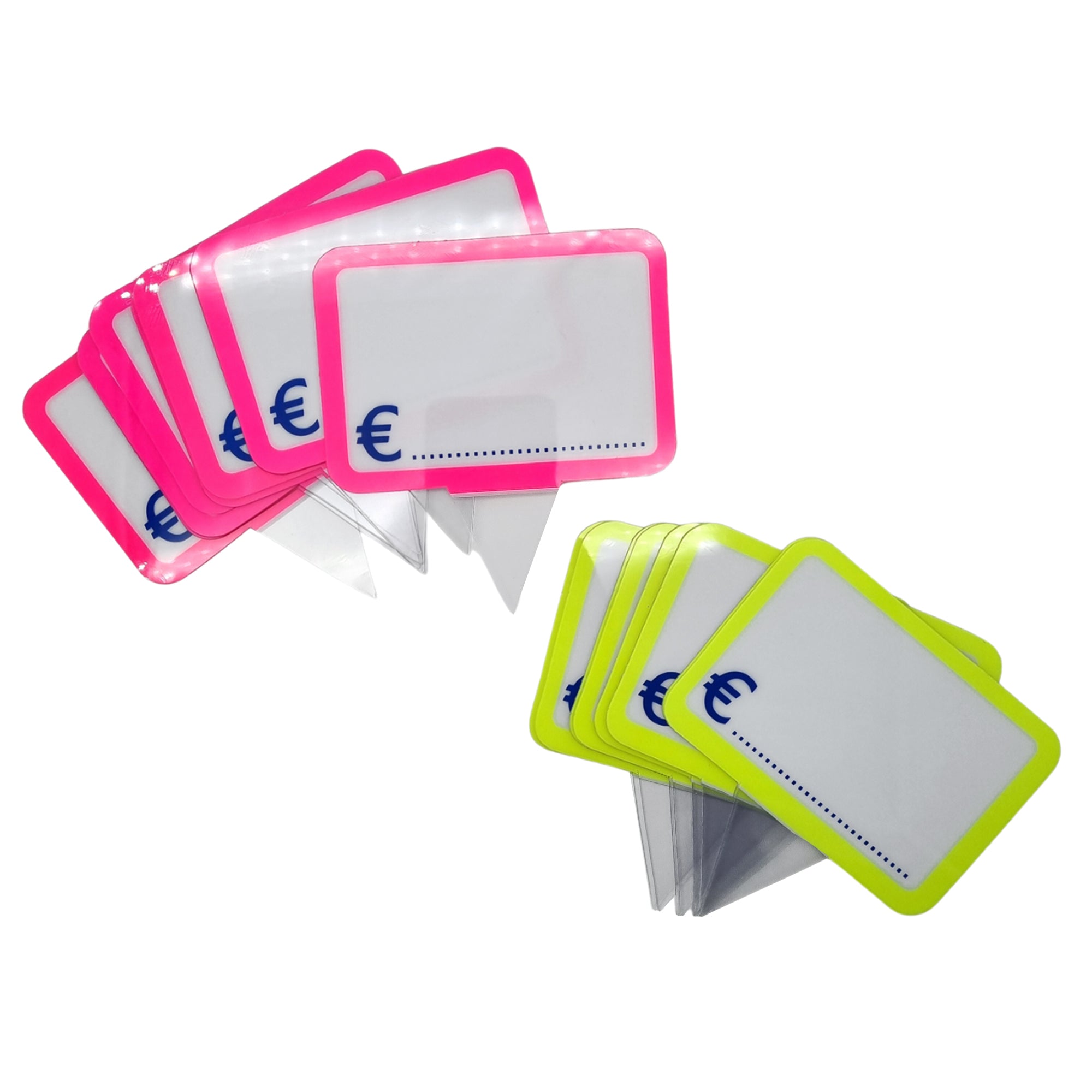 Cartellino segna prezzo in due diversi colori, rosa e giallo entrambi fluo