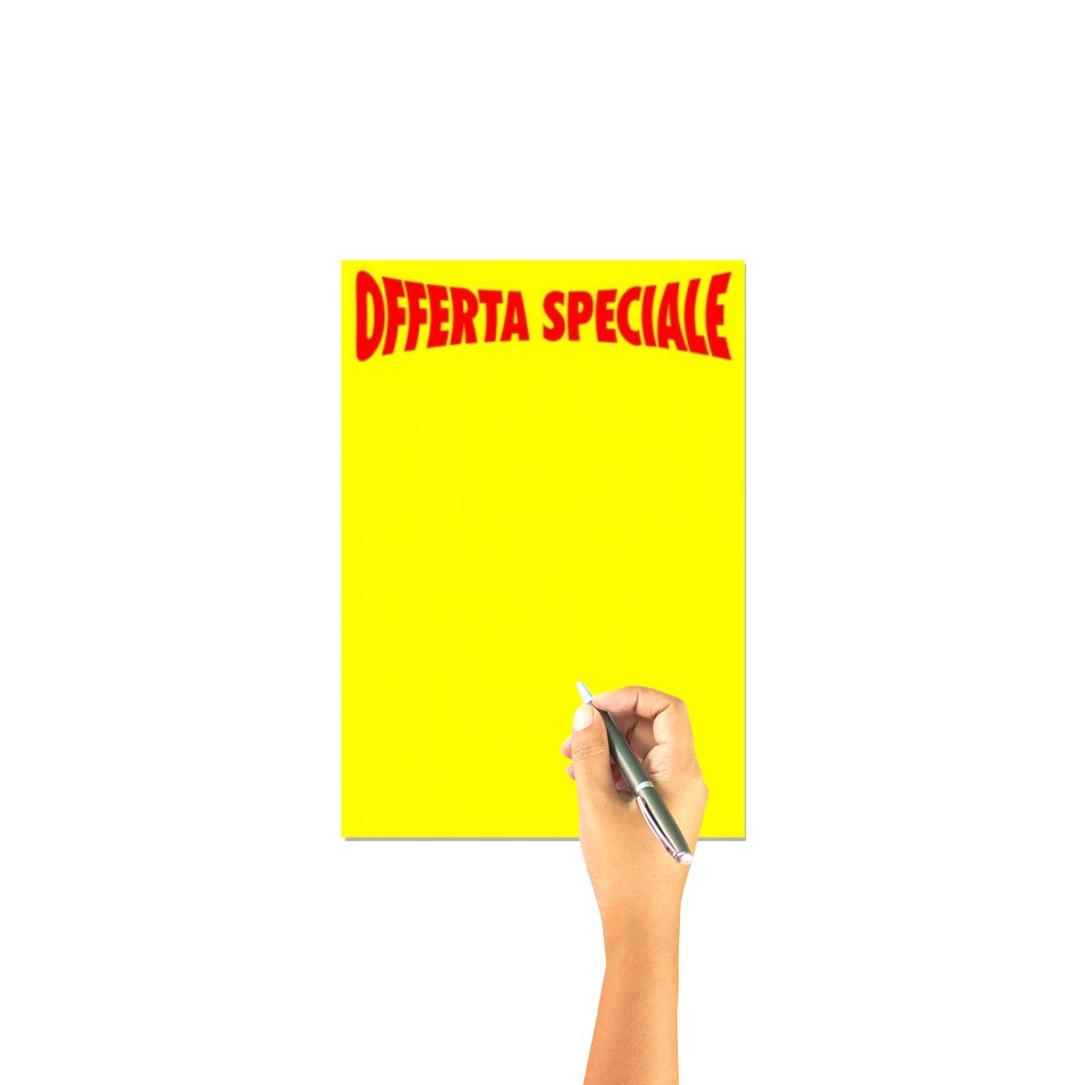 Cartello giallo con scritta Offerta speciale ed una mano che impugna una penna nell'atto di scriverci sopra