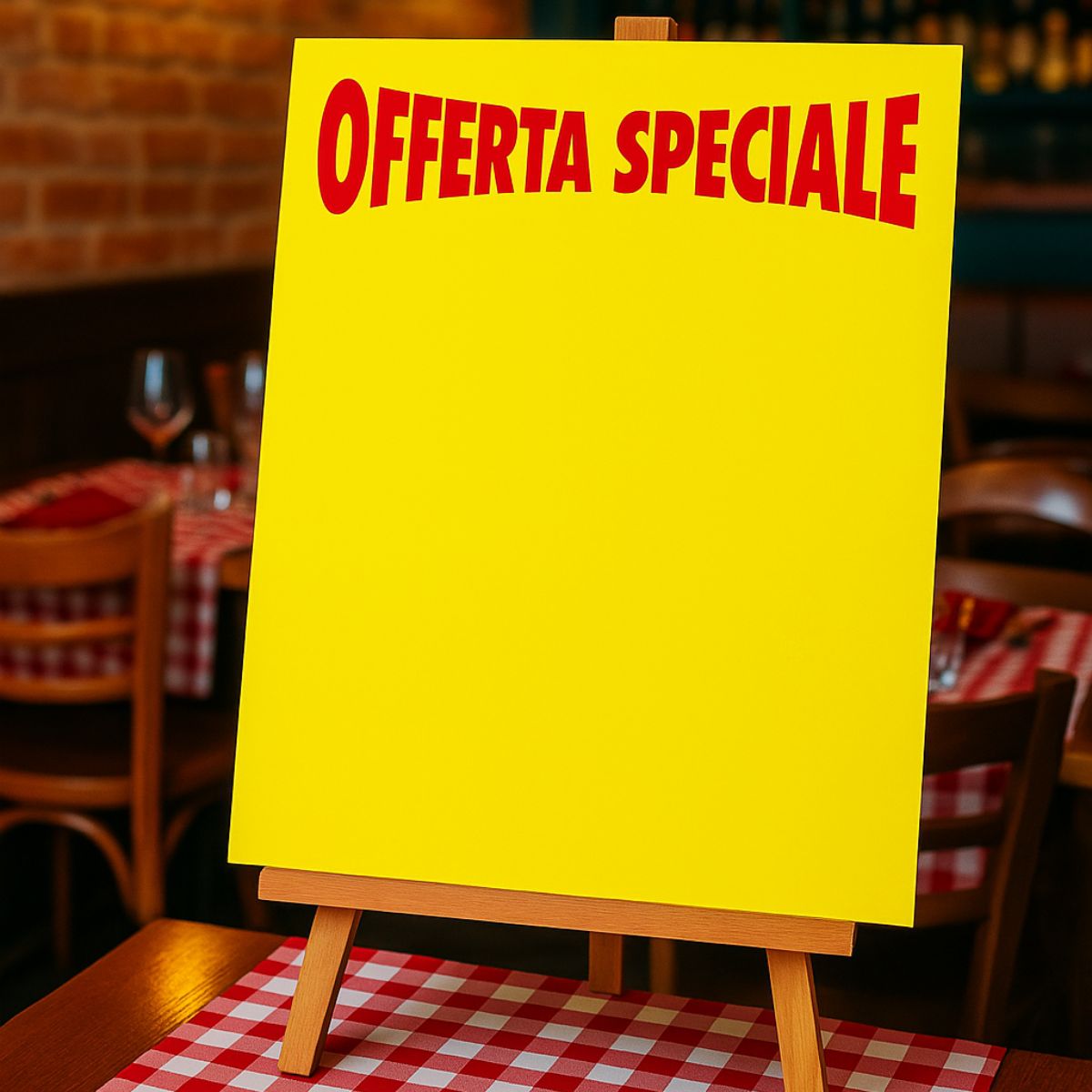 Cartello per offerte, giallo con scritta rossa OFFERTA SPECIALE, mostrato sui tavolo di una pizzeria