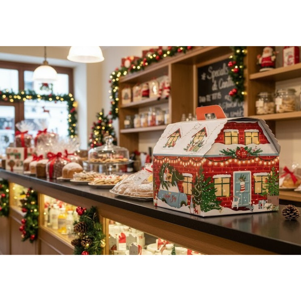 Bancone di una pasticceria sotto natale, in primo piano casetta porta panettone con immagini natalizie 