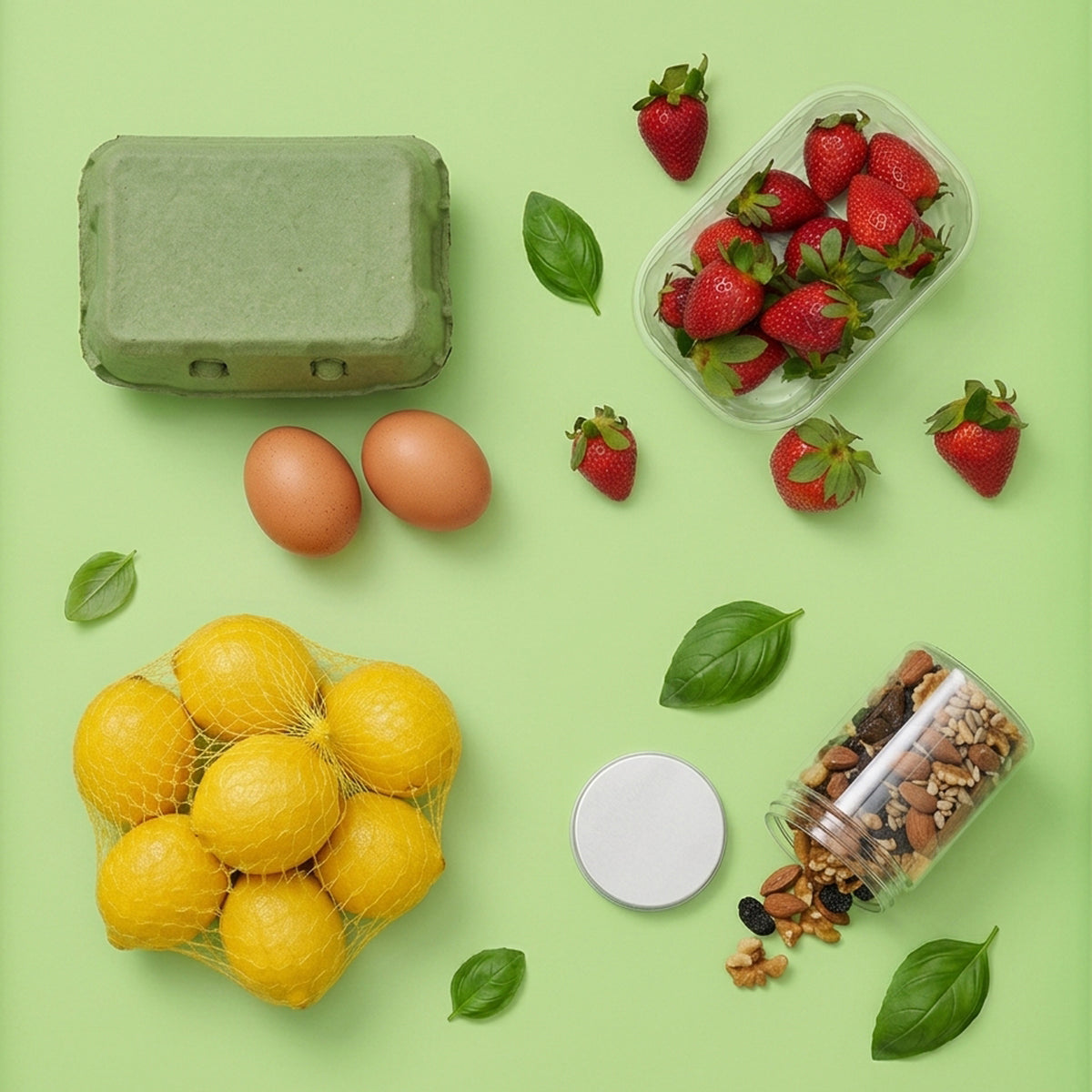 Portauova, vaschetta con fragole, rete con limoni e barattolo con  frutta secca visti dall'alto su piano verde