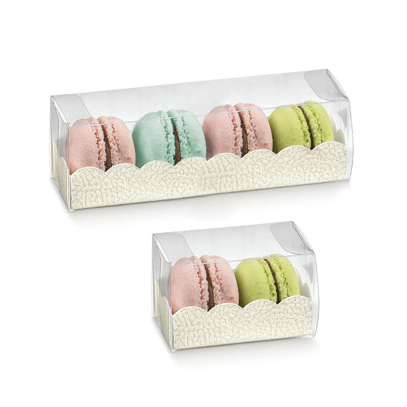 Due scatole bianche e trasparenti, misure diverse, per macarons, piene 