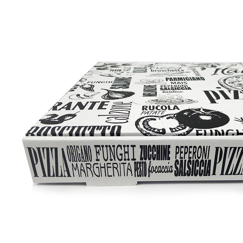 Dettaglio scatola pizza bianca con scritte nere 