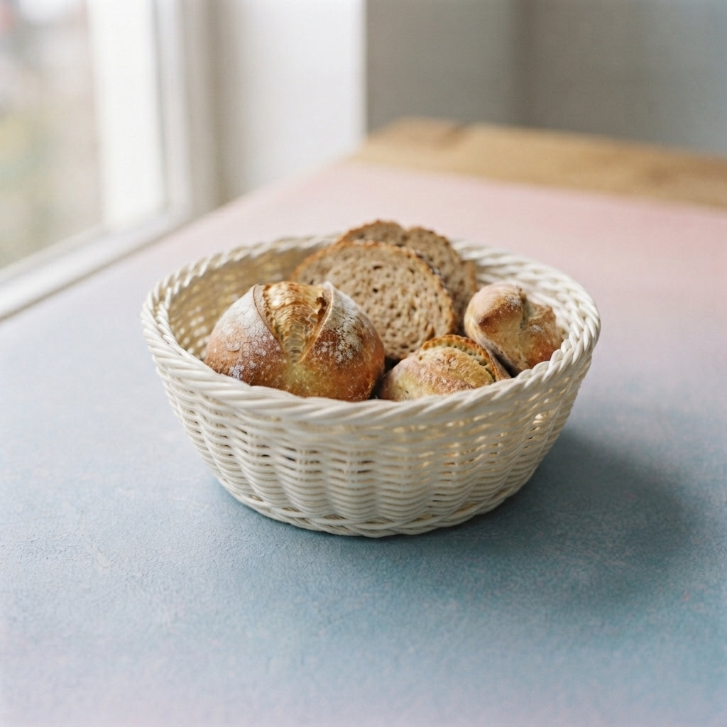 cestino per pane bianco con dentro pane su un tavolino 
