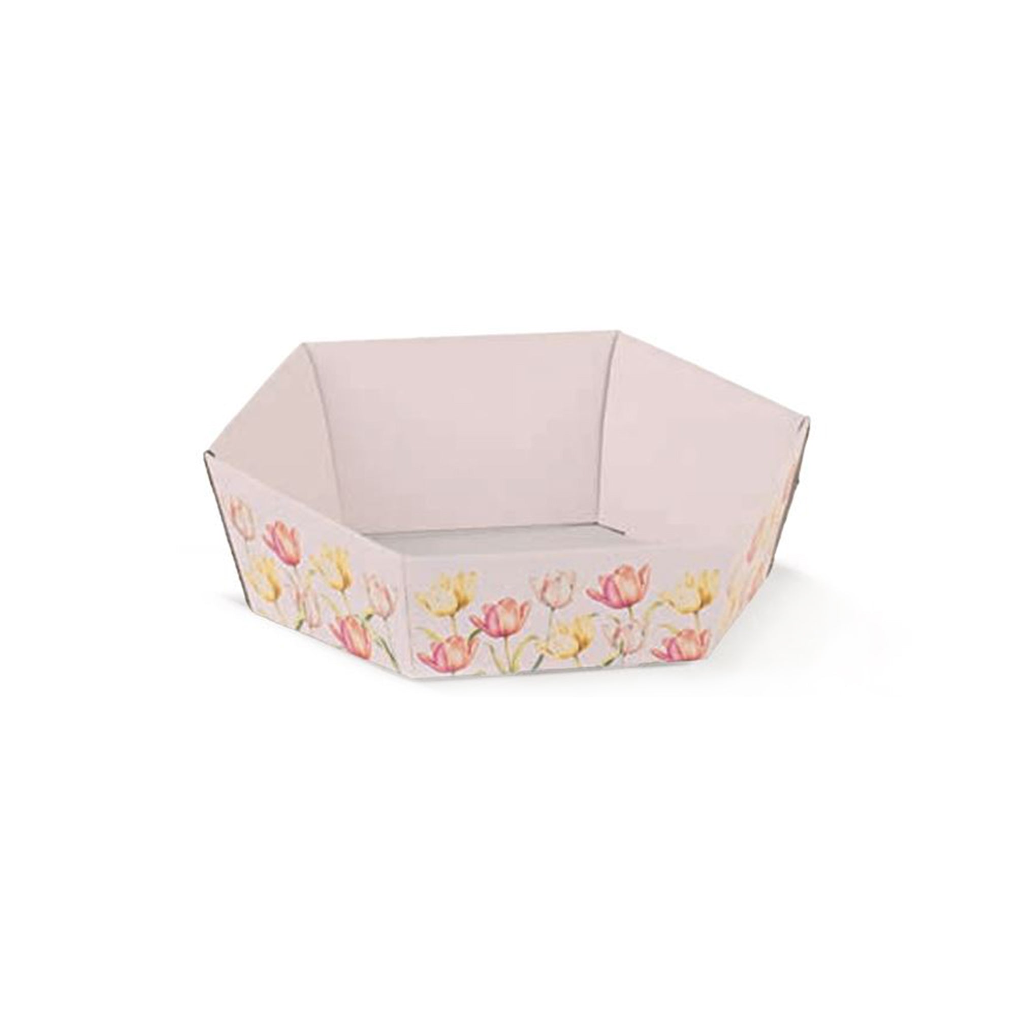 Cestello esagonale bianco con fantasia di tulipani, per Pasqua