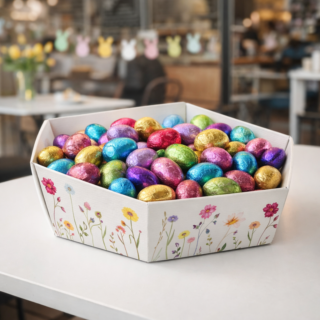 Cesto esagonale con fantasia primaverile pieno di ovetti di cioccolata in carta colorata 