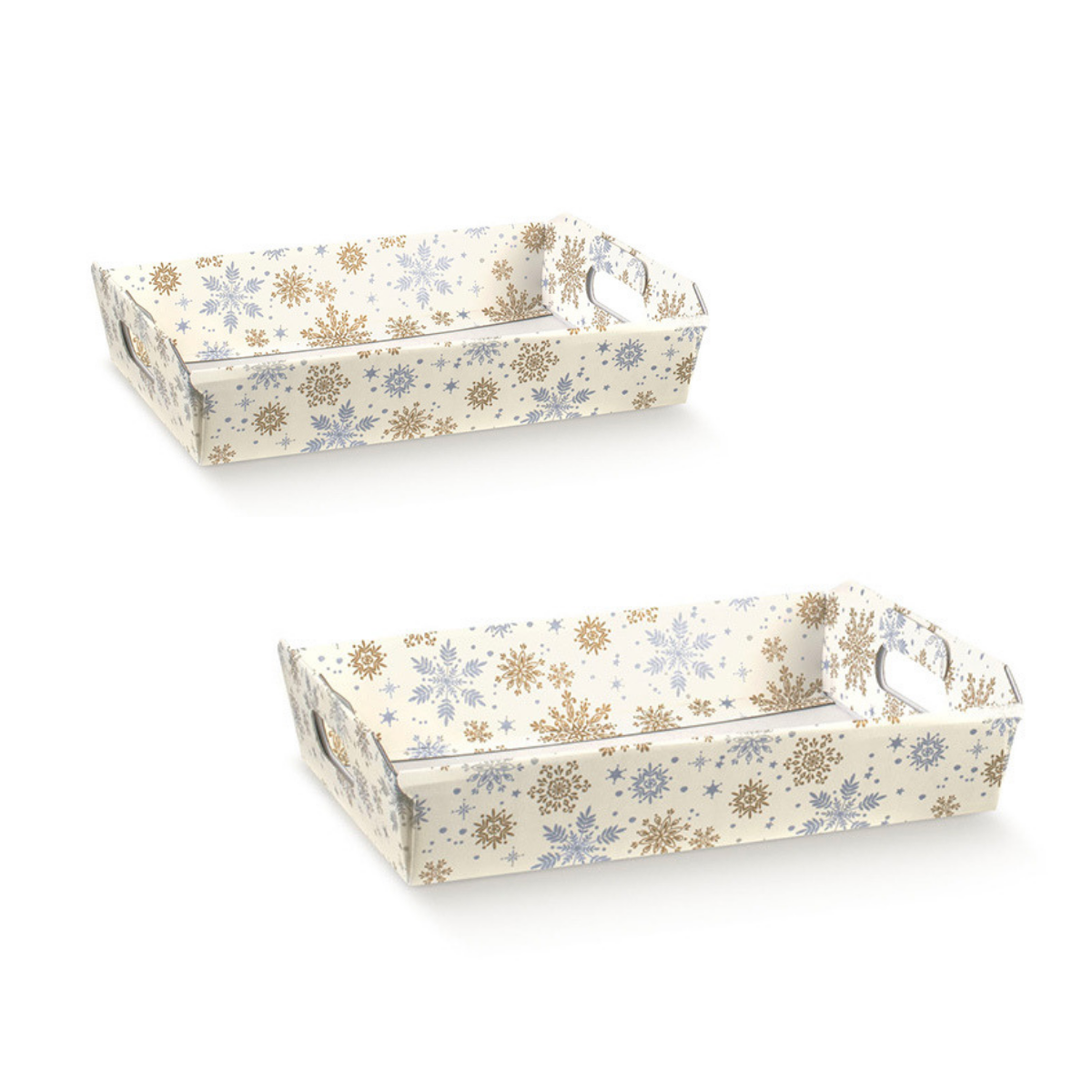 Cesto di cartone rettangolare, due misure, bianco con fiocchi di neve color oro e argento