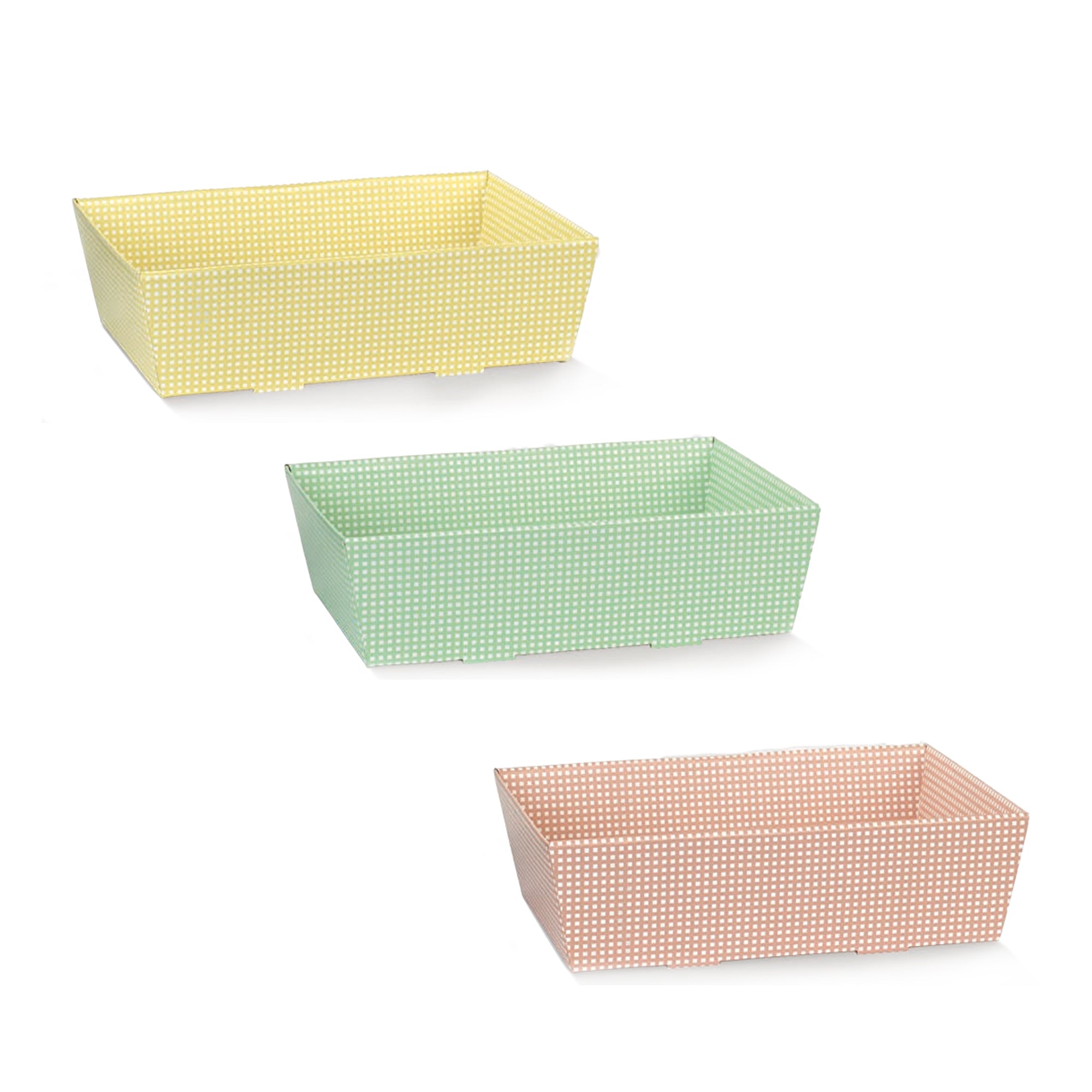 Cesti pasquali a quadretti uno giallo, uno verde ed uno rosa 