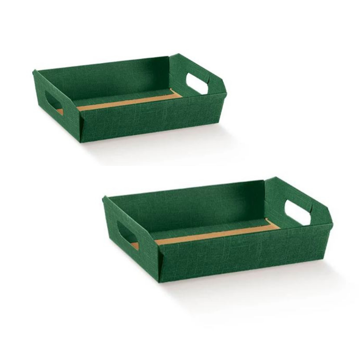Cesti rettangolari con manici, di cartone, verdi, due diverse misure 