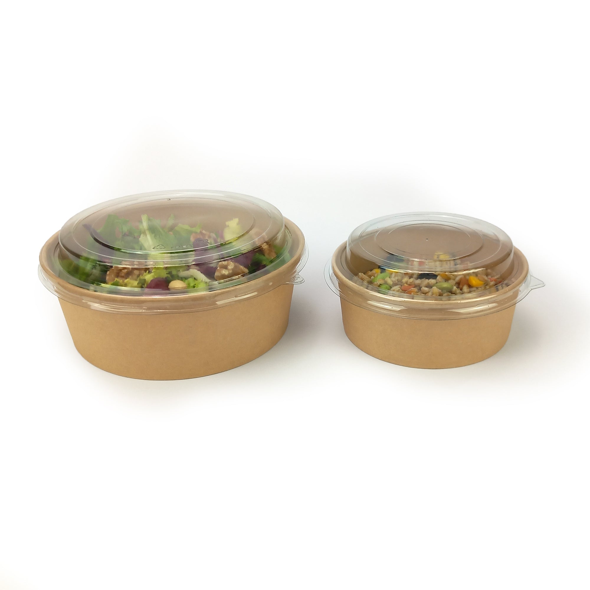 Ciotole avana di carta due misure diverse con coperchio trasparente piene di cibo 