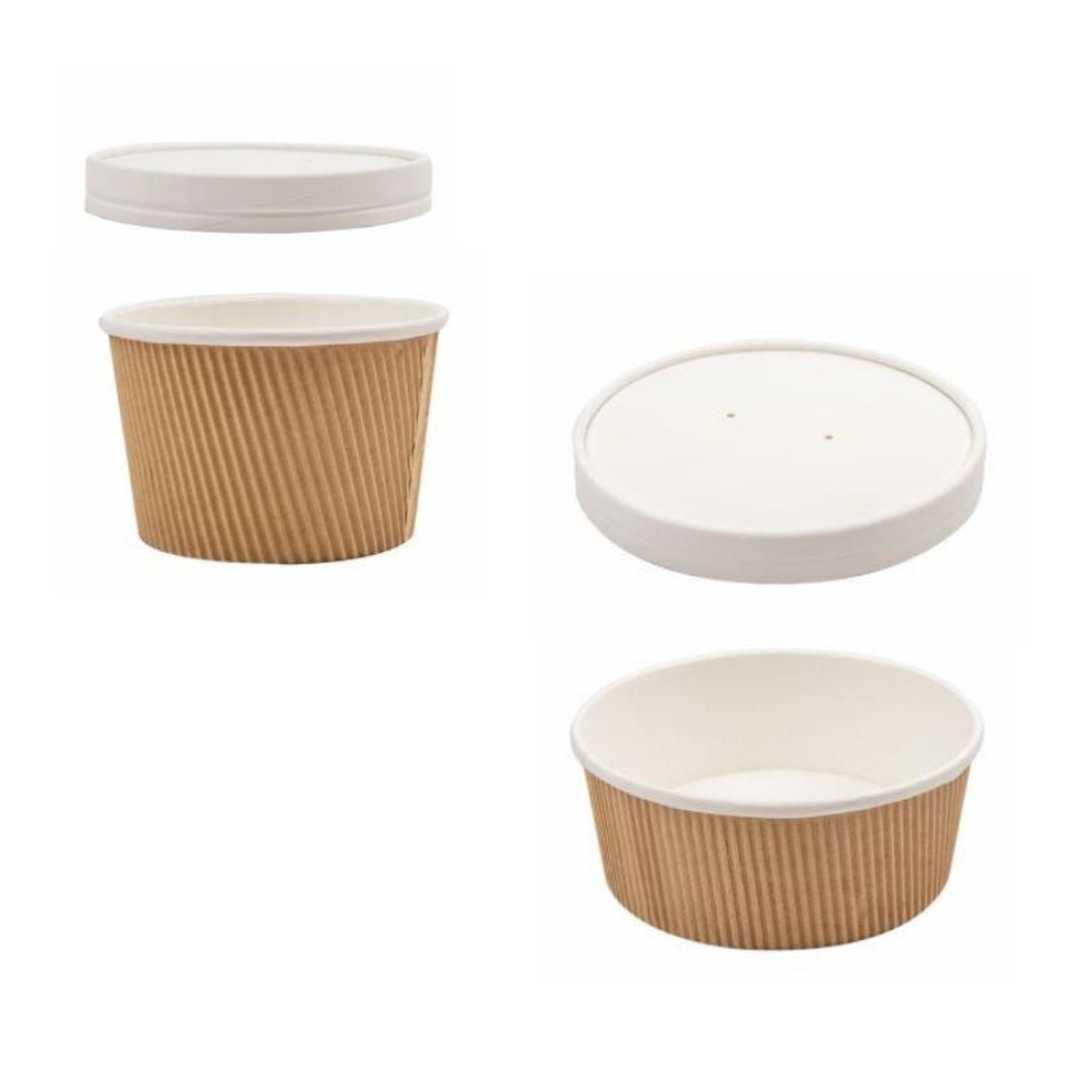 Ciotole per asporto in cartone ondulato color avana, due diverse misure, e loro coperchi 
