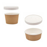 Ciotole per asporto in cartone ondulato color avana, due diverse misure, e loro coperchi 