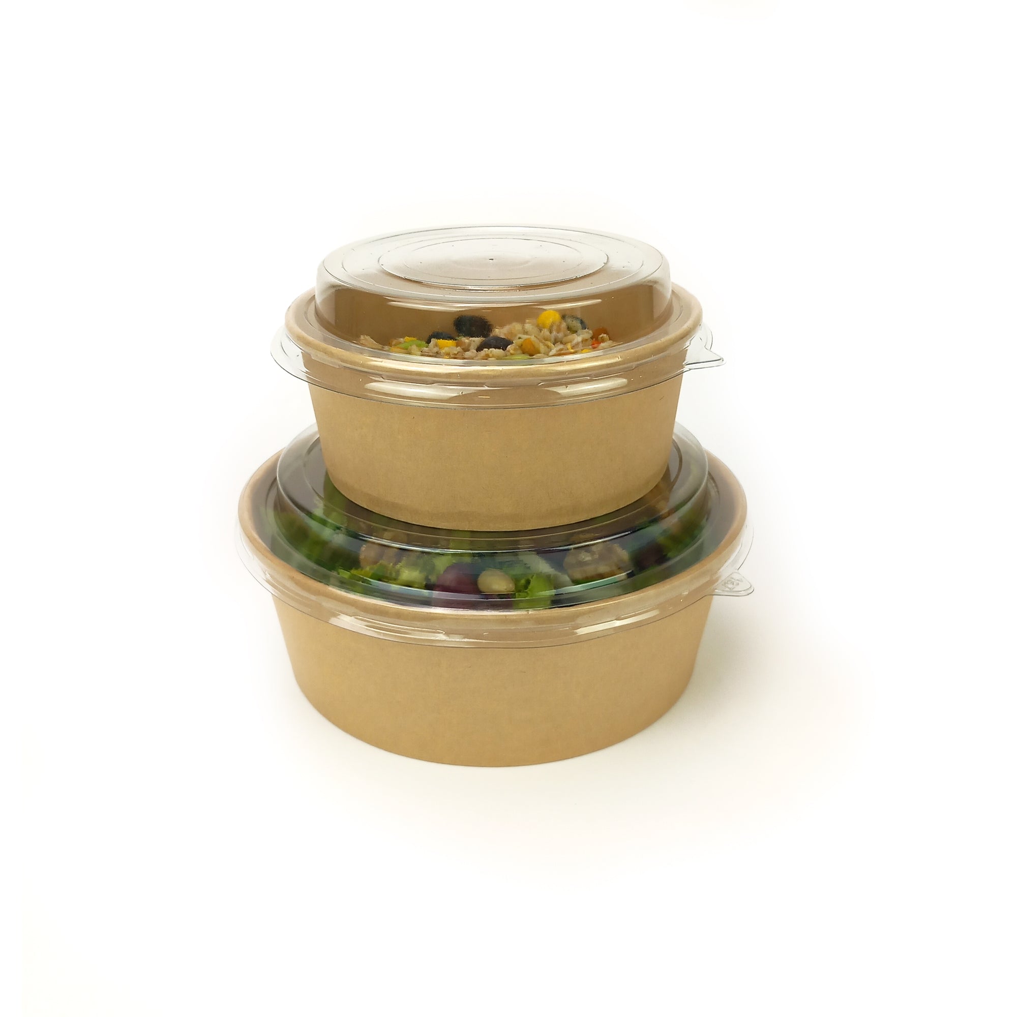 Due ciotole di carta color avana, con coperchio di plastica, di due diverse dimensioni, piene di cibo, impilate 