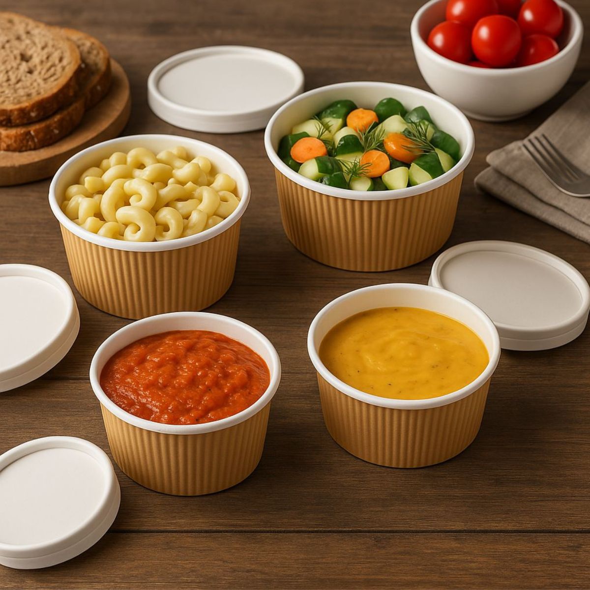 Ciotole di cartone, porta cibo, varie misure, mostrate aperte con cibo dentro, i loro coperchi appoggiati, tutto su un tavolo da cucina con pane pomodori e posata