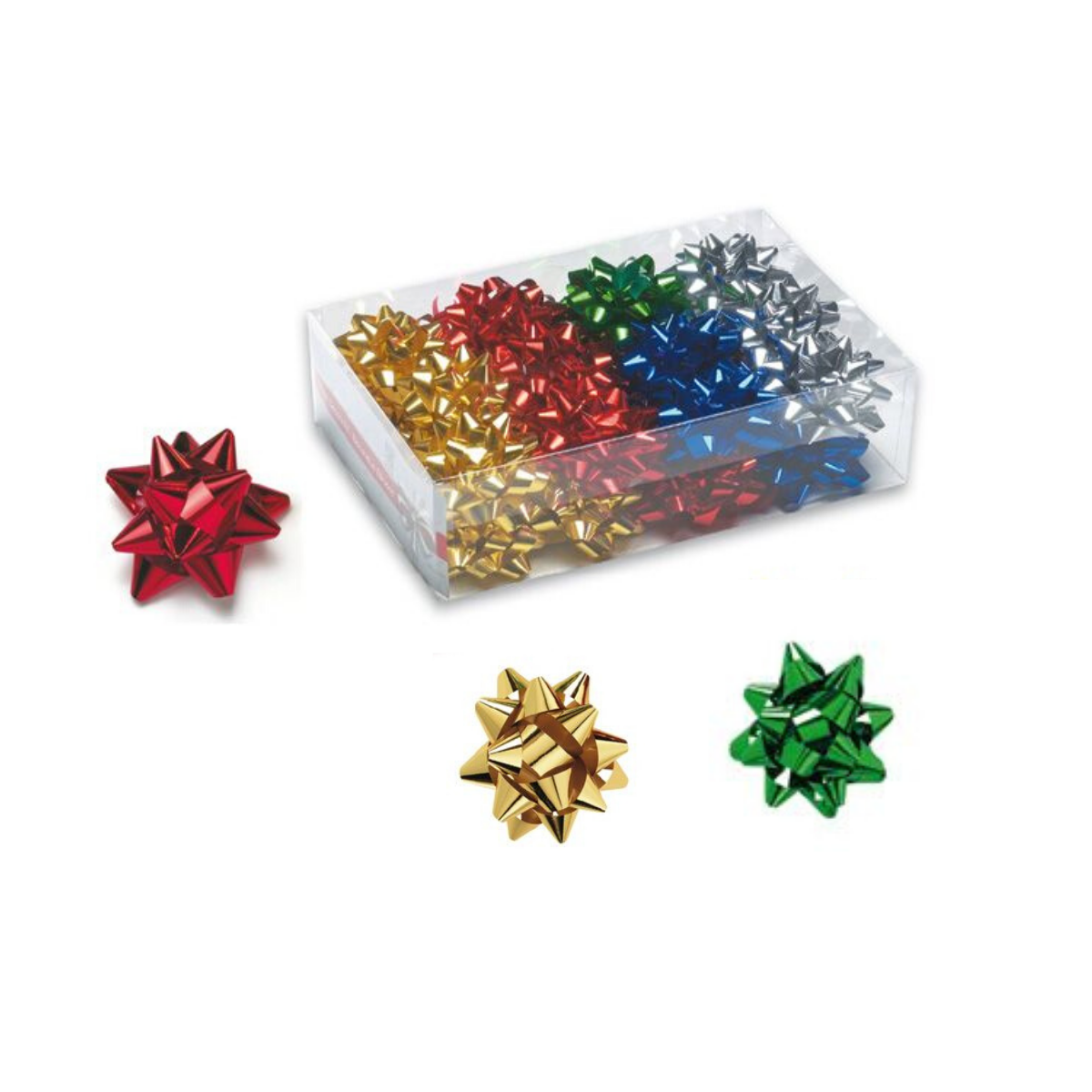 Scatola trasparente pina di coccarde colorate 