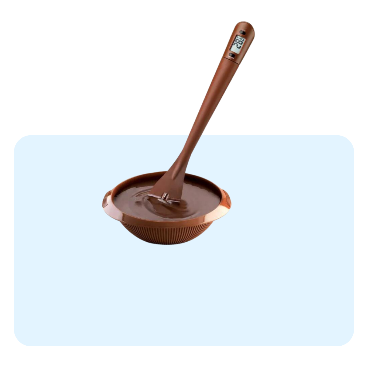 Banner con sfondo azzurro con: termometro alimentare per cioccolato 