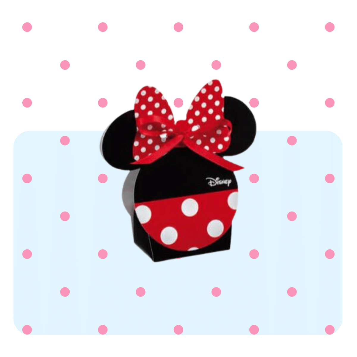 Banner con sfondo azzurro con: bomboniera stile Minnie 