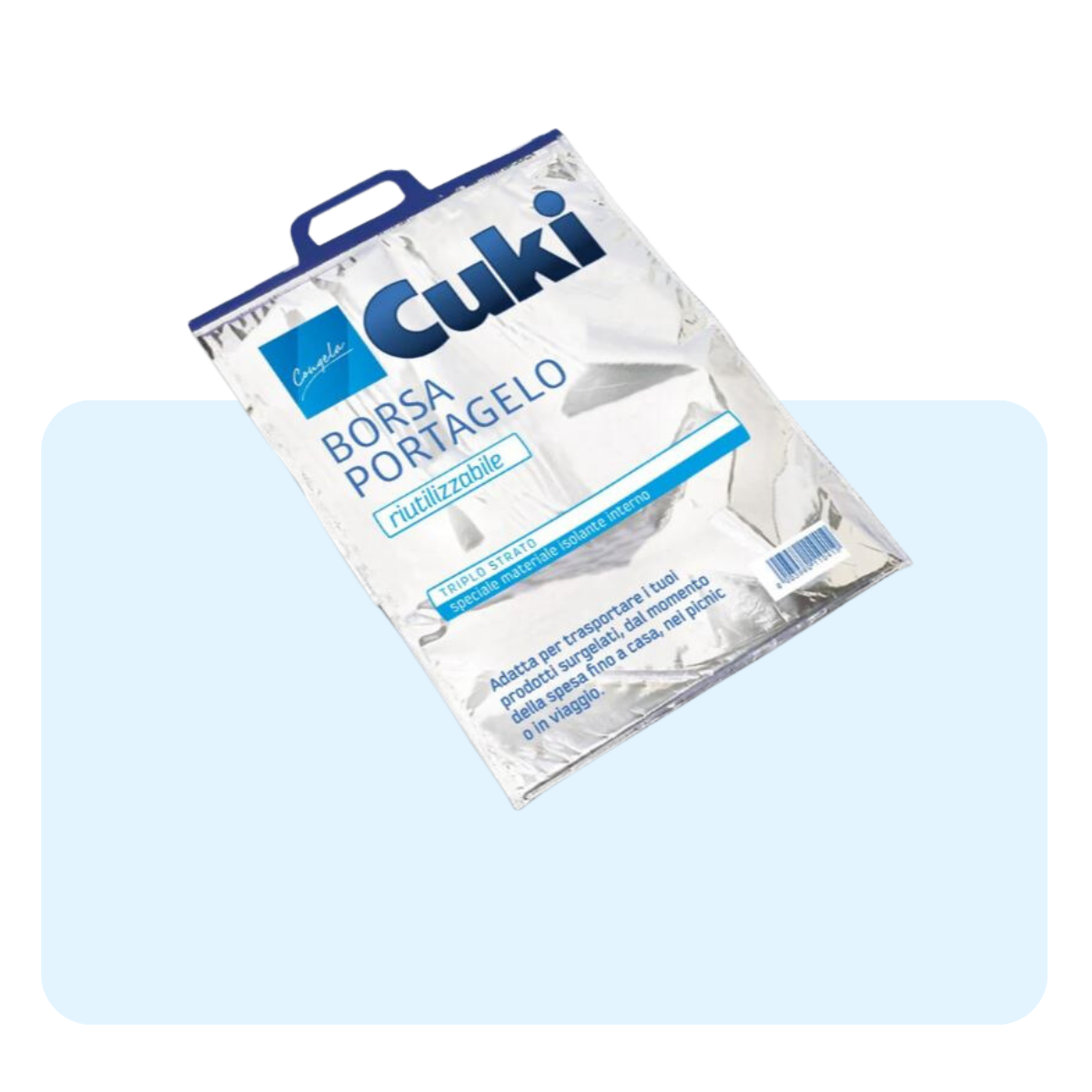 Banner con sfondo azzurro con: borsa termica cuki