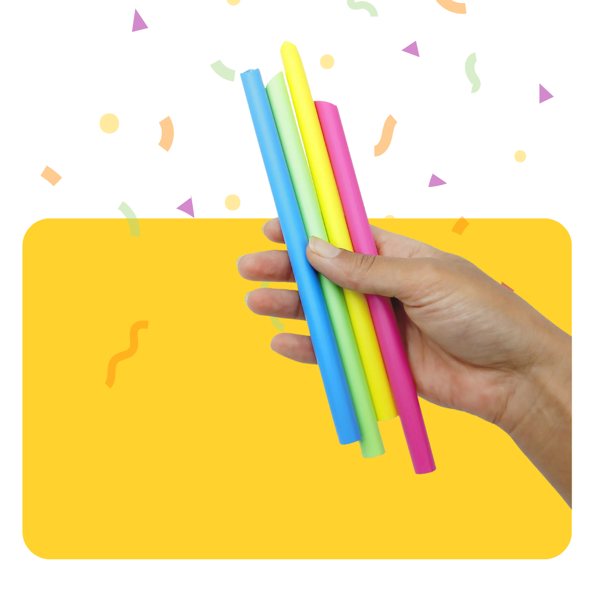 Banner giallo cannucce colorate tenute da un mano