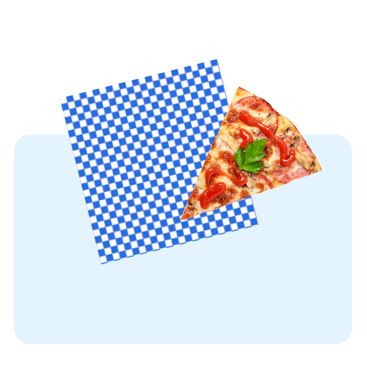 Banner con sfondo azzurro con: tovagliolo a scacchi bianchi e blu e fetta di pizza 