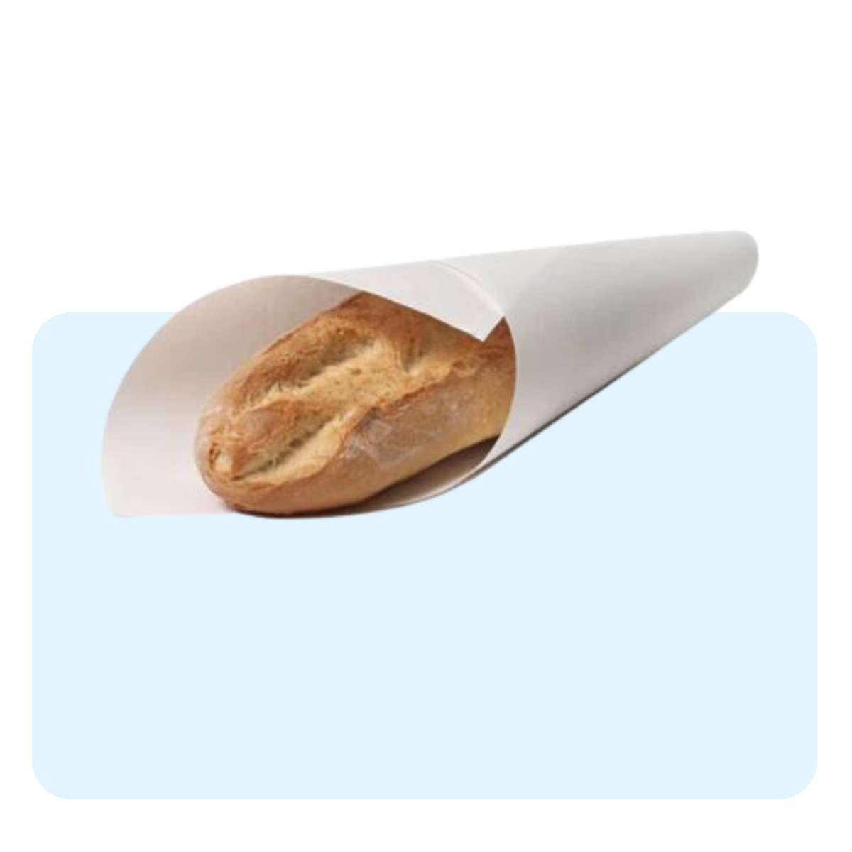 Banner con sfondo azzurro con:  pane avvolto nella carta 