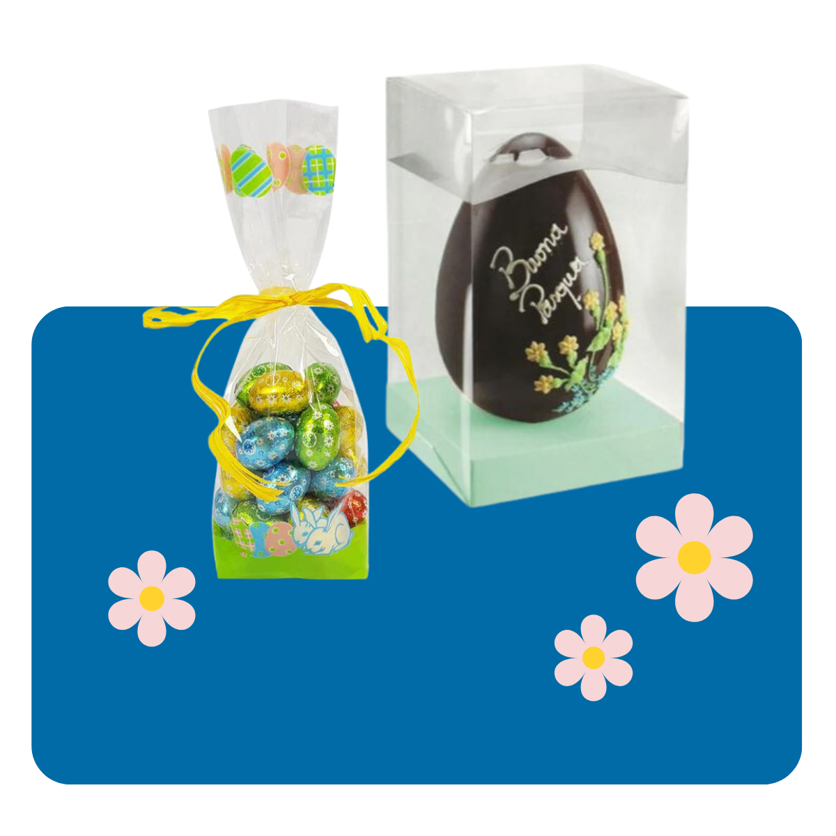 Confezioni pasquali, sacchetto con ovetti di cioccolato e scatola trasparente con base per uovo di cioccolato 