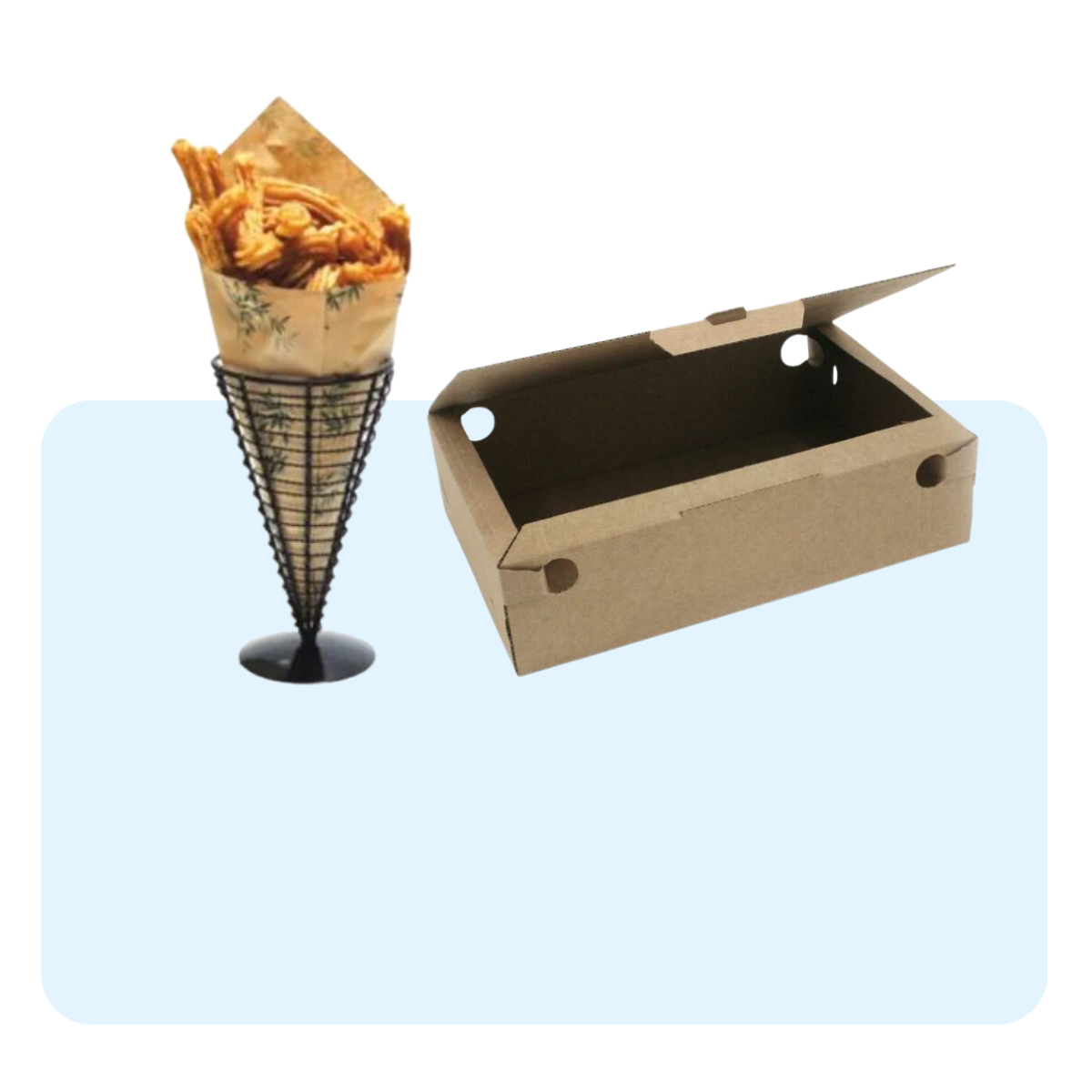 Banner con sfondo azzurro con: cono per fritto pieno di cibo e scatola color avana per fritto vuota 