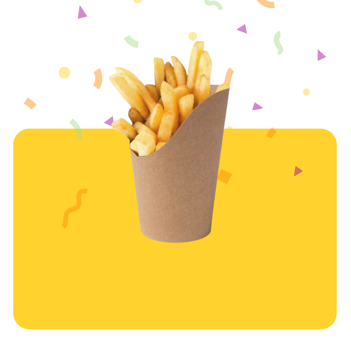 Banner giallo contenitore per fritto con patatine dentro