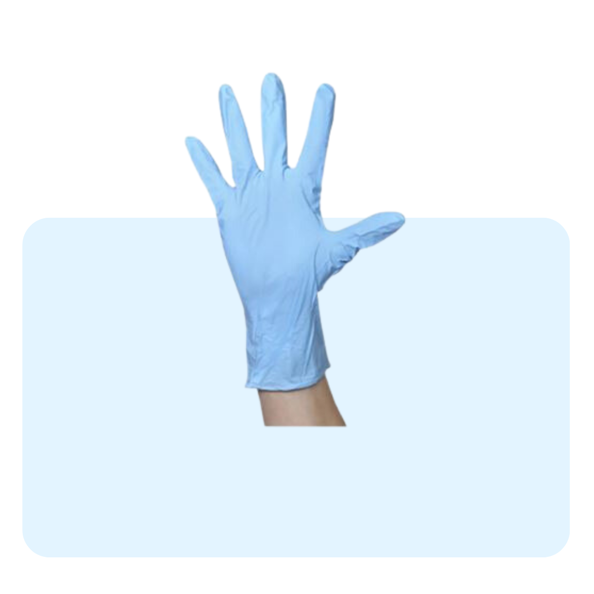 Banner con sfondo azzurro con: mano con guanto di plastica azzurro 