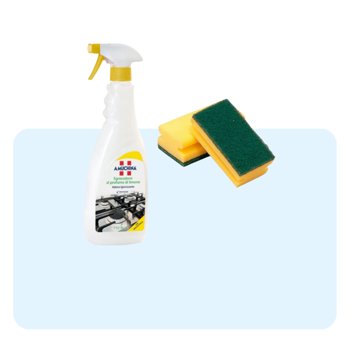 Banner con sfondo azzurro con:  amuchina spray e spugne