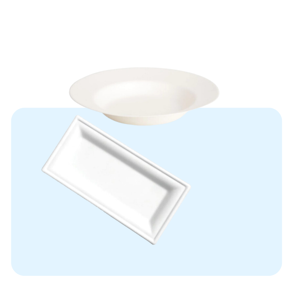 Banner con sfondo azzurro con: piatto bianco tondo e bianco rettangolare 