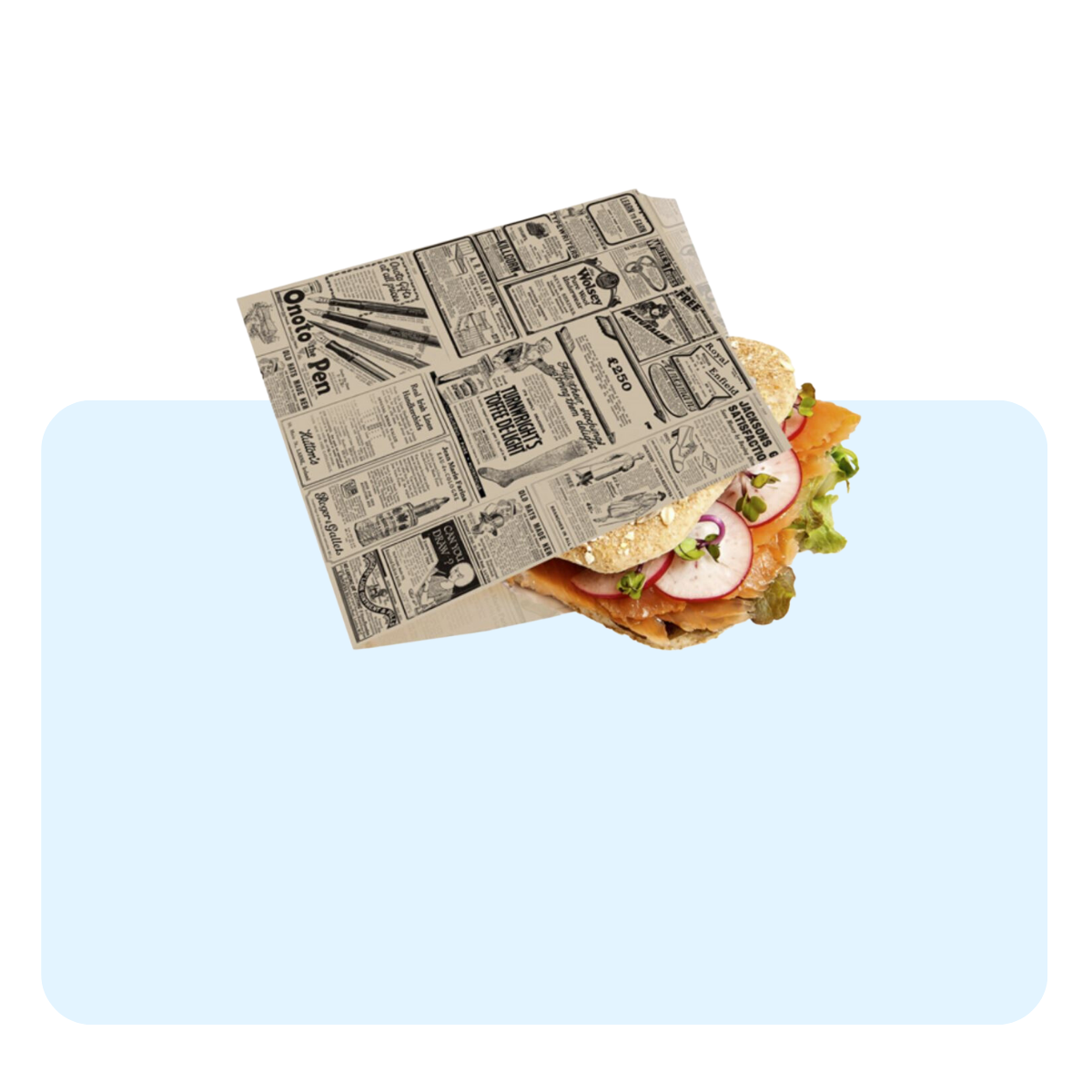 Banner con sfondo azzurro con: sacchetto per panino, con panino, fantasia giornale 