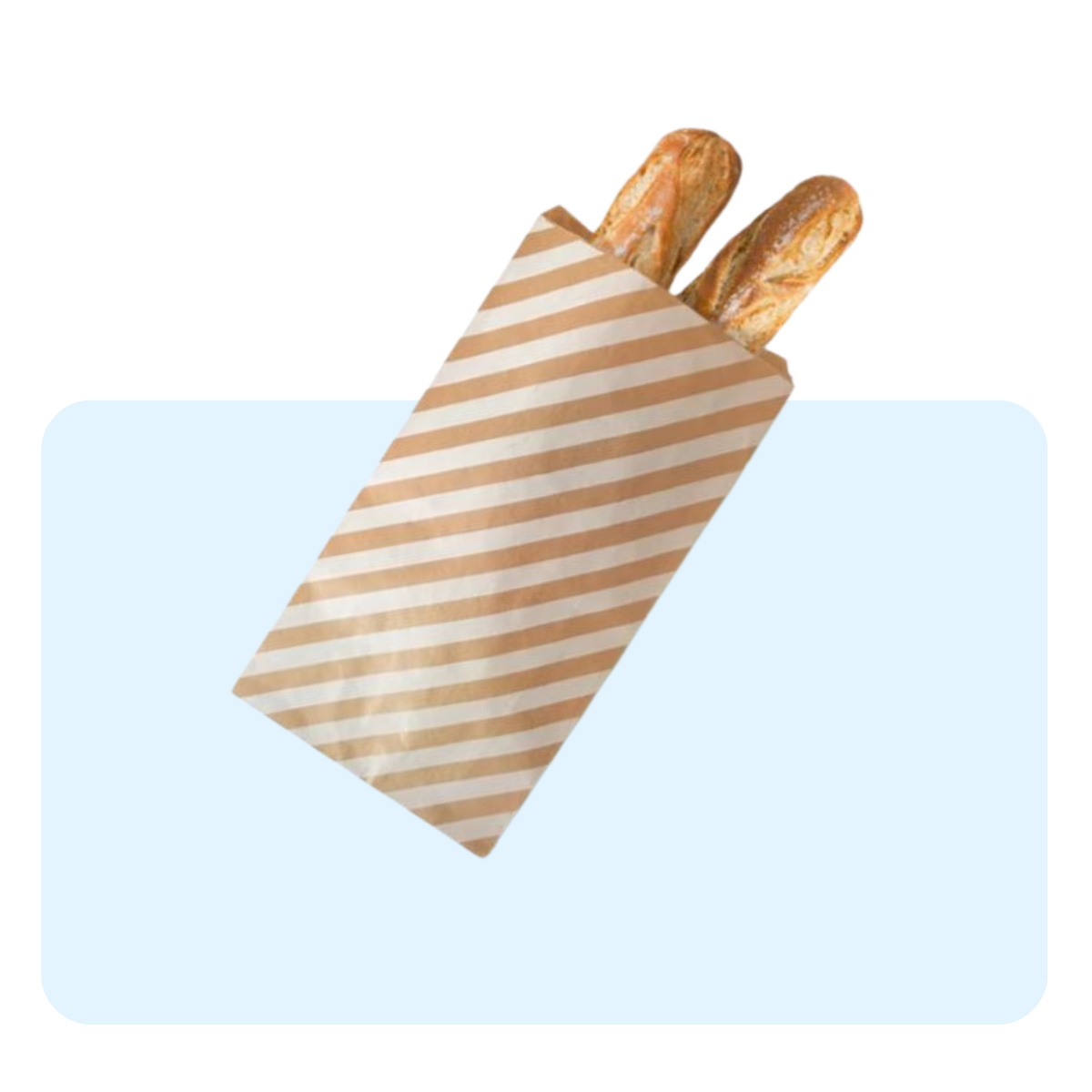 Banner con sfondo azzurro con: sacchetto per il pane a righe 