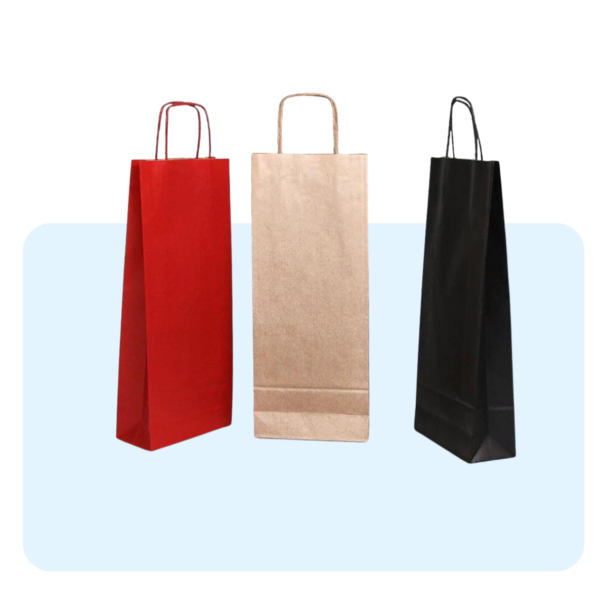 Sacchetti porta bottiglia, uno rosso, uno avana ed uno nero