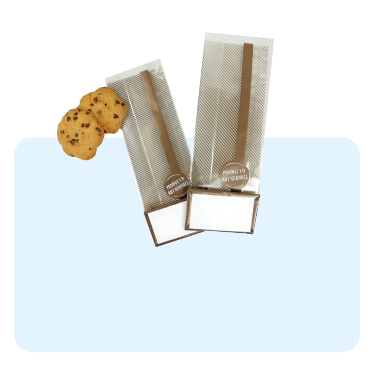 Banner con sfondo azzurro con: sacchetti trasparenti per biscotti