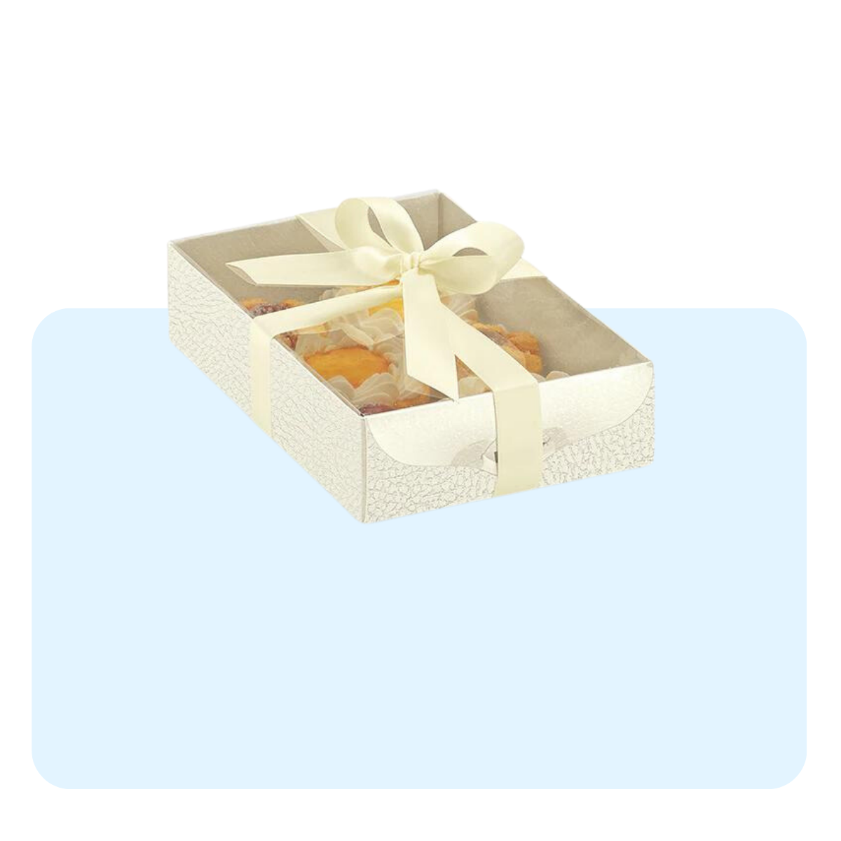 Banner con sfondo azzurro con: scatola bianca con finestra piena di dolci e nastro bianco 