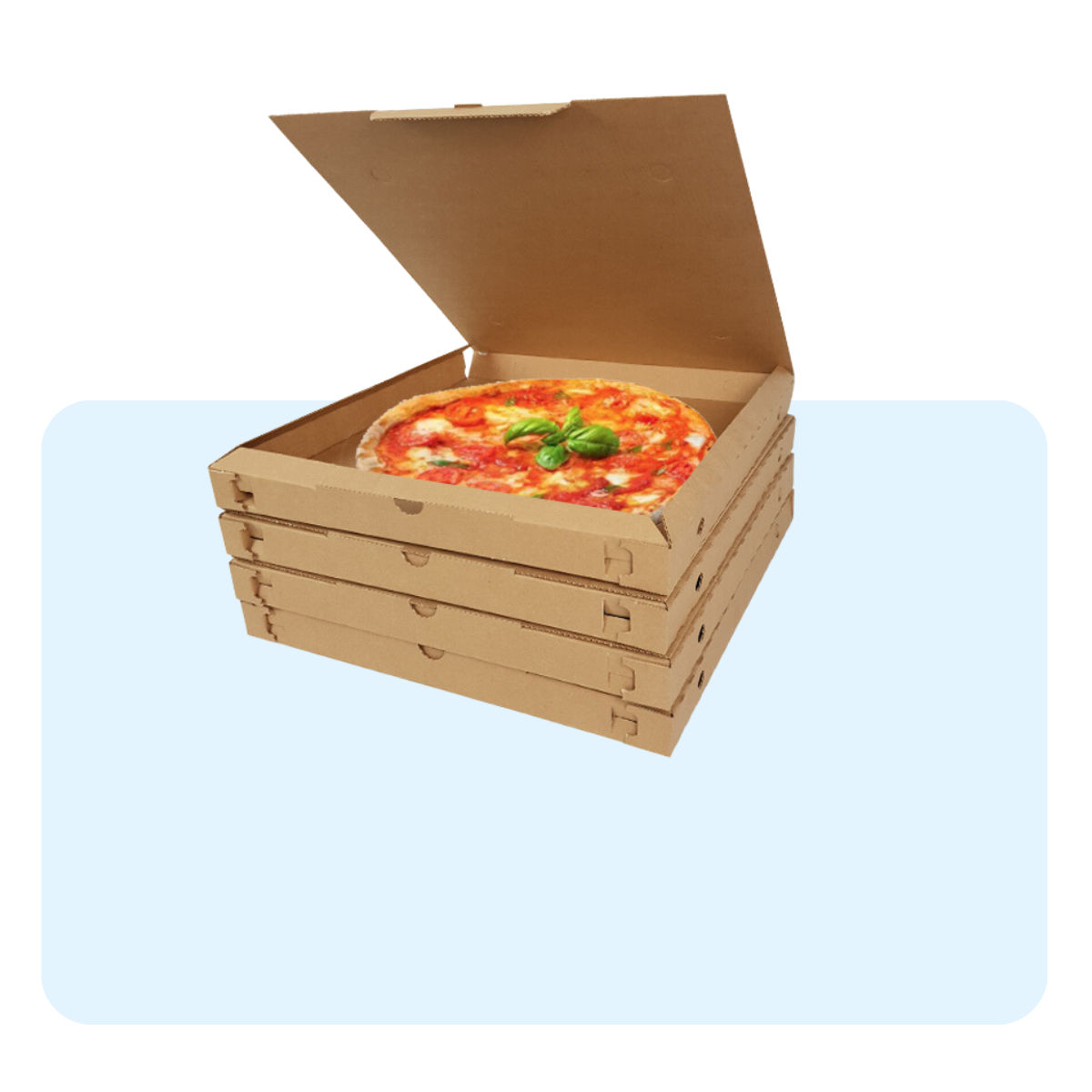 Scatole color avana per pizza d'asporto, impilate, la prima aperta con dentro una pizza