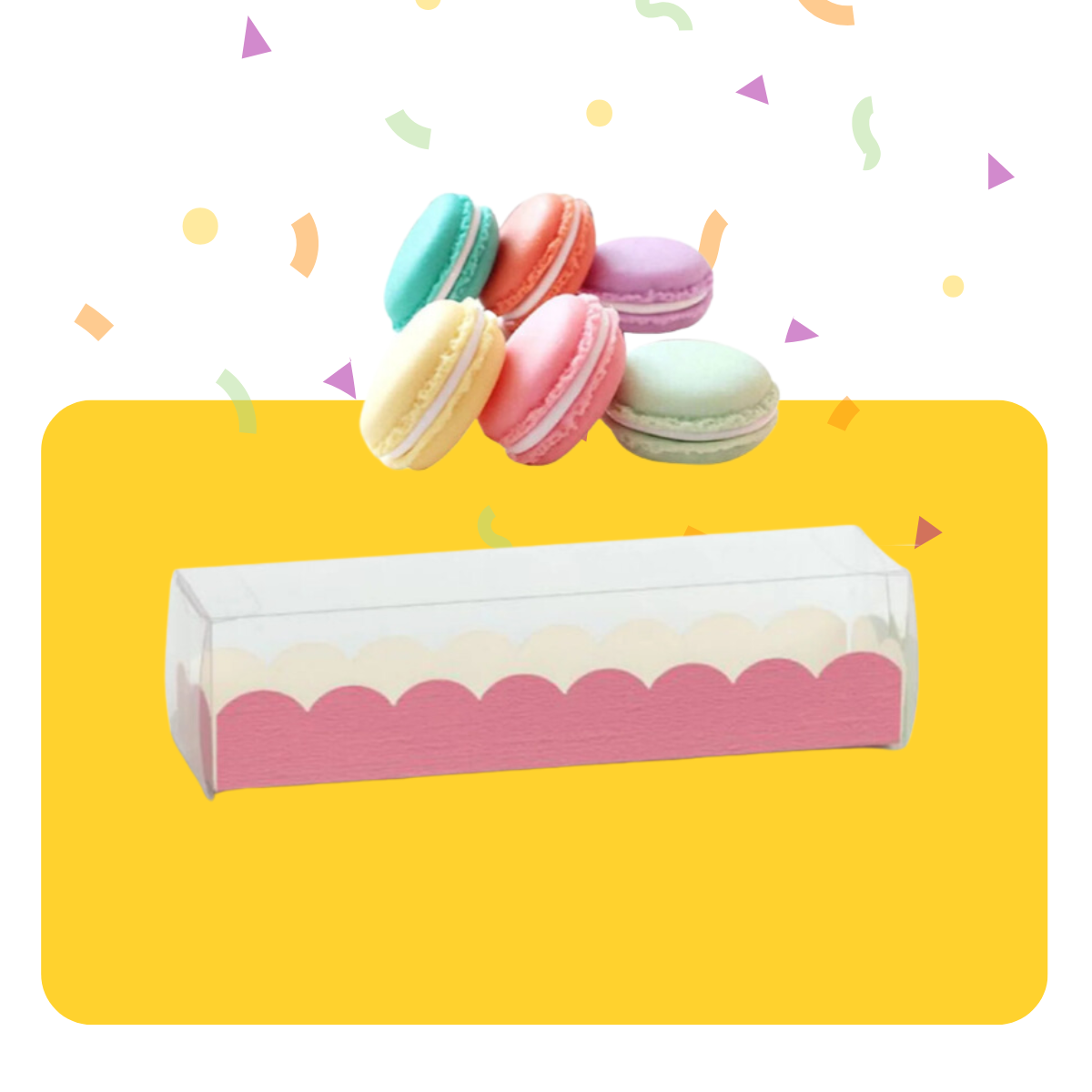 Banner giallo  contenitore per macarons e 6 macarons colorati