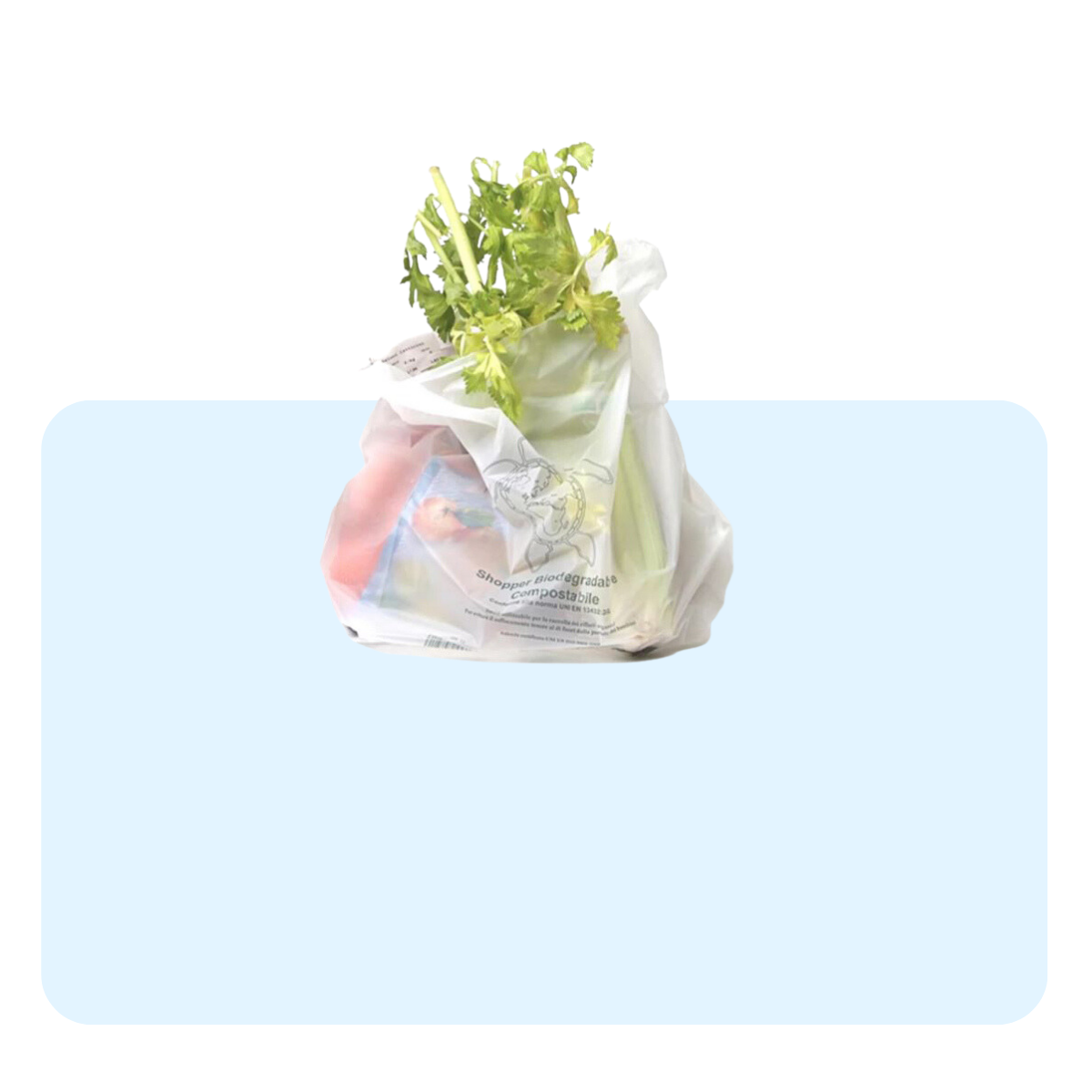 Banner con sfondo azzurro con: busta di plastica con verdure 
