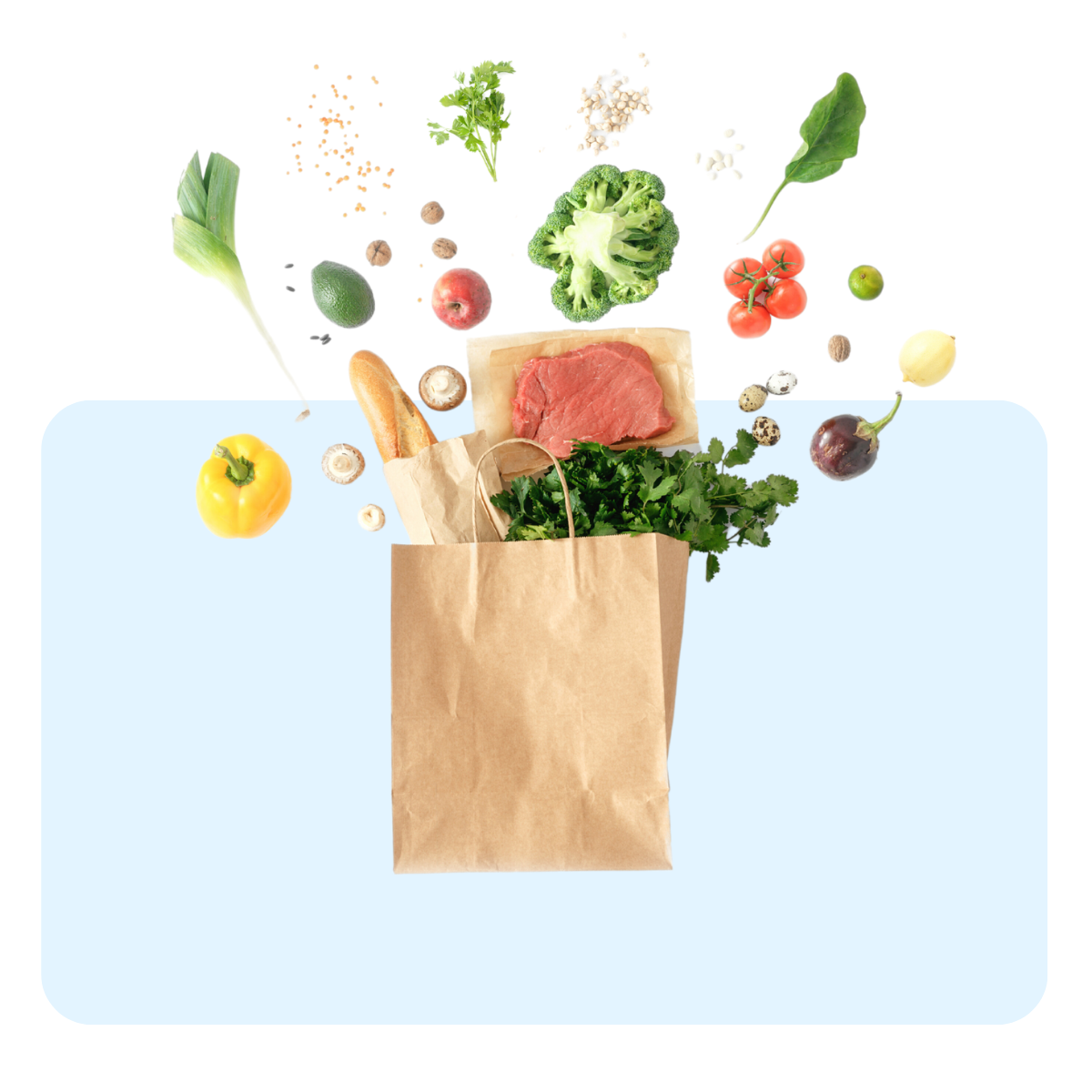 Banner con sfondo azzurro con: busta di carta e verdure 